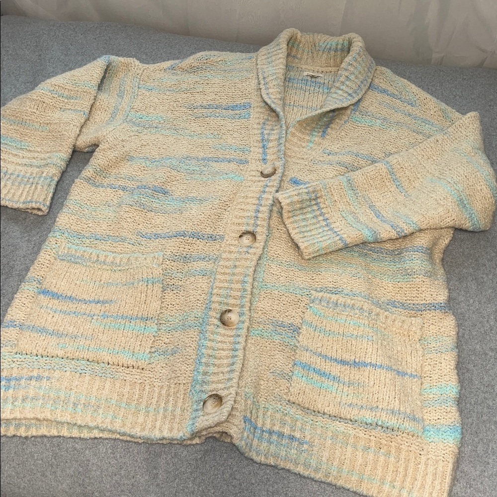 Pilcro Oversized Cardigan Sweater 1X Wool Blend Chunky Boxy Ivory Blue Grandma - Picture 12 of 12
